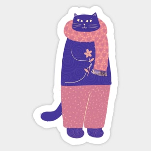 Cute blue cat with heart scarf flower Sticker